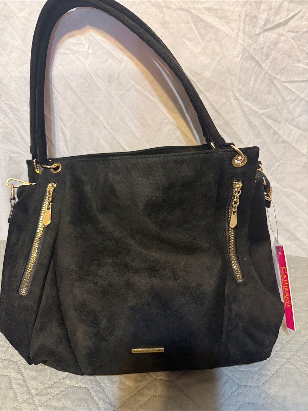 Black Suede Tote Bag with Gold Hardware, Catherine Malandrino